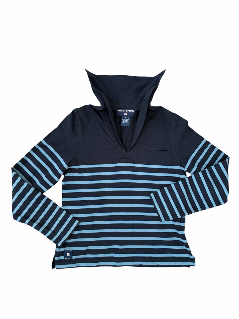 Vintage Polo Sport Ralph Lauren Blue Black Striped Sailor Shirt Size Large